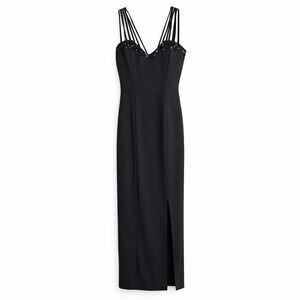 Black Strappy Evening Gown Lace Trim Formal Dress Slit Size 8 by Jump Apparel